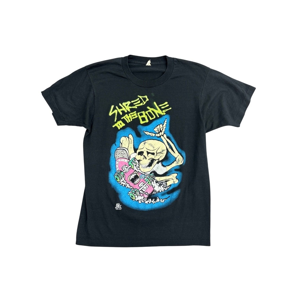 Vintage 80s Screen Stars Shred to the Bone Skateboard Skeleton T-Shirt Black M